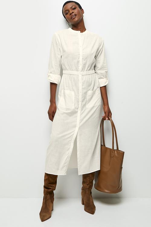 Roll up slv shirt dress - white