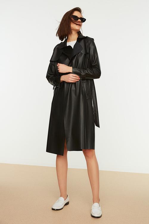 Belted faux leather trench coat - black