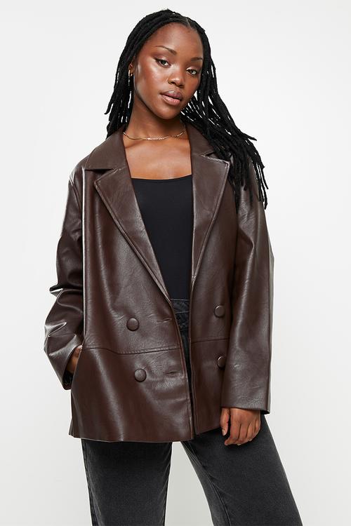 Vegan leather coat jacket - dark rich chocolate