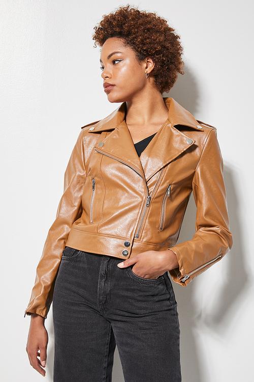 Leather look biker jacket - tobacco