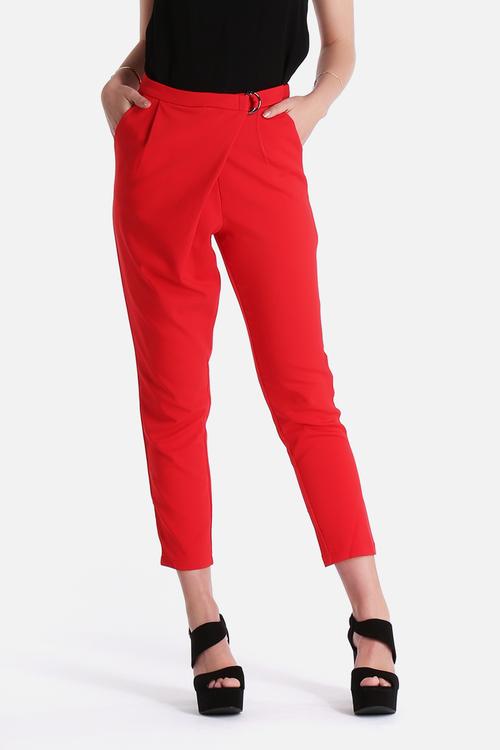 Lipstick Red Crossover D-Ring Peg Leg Trousers