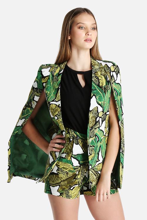 Banana Leaf Print Collarless Cape Blazer