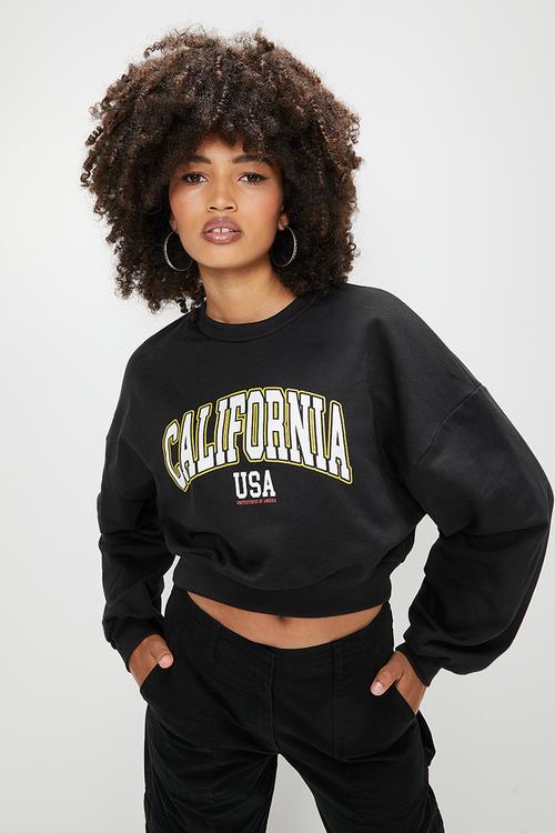 Graphic cropped crew sweat - black