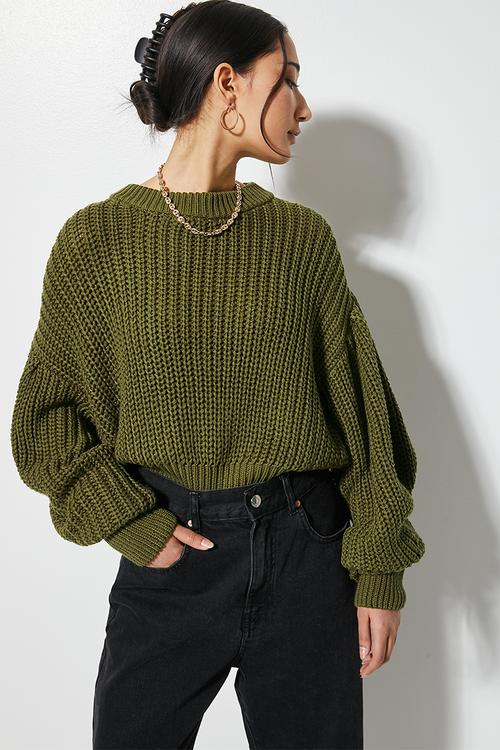 Cotton blend balloon sleeve pullover - khaki