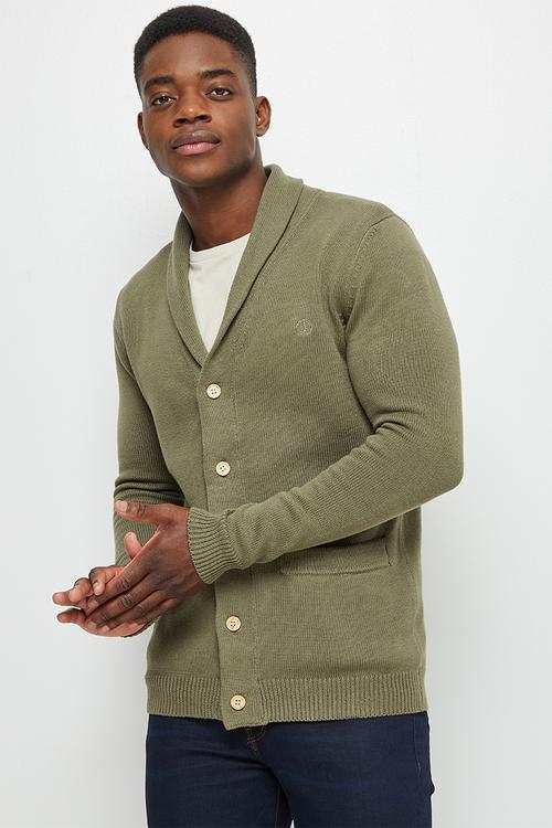 Chunky shawl collar textured cardi - khaki