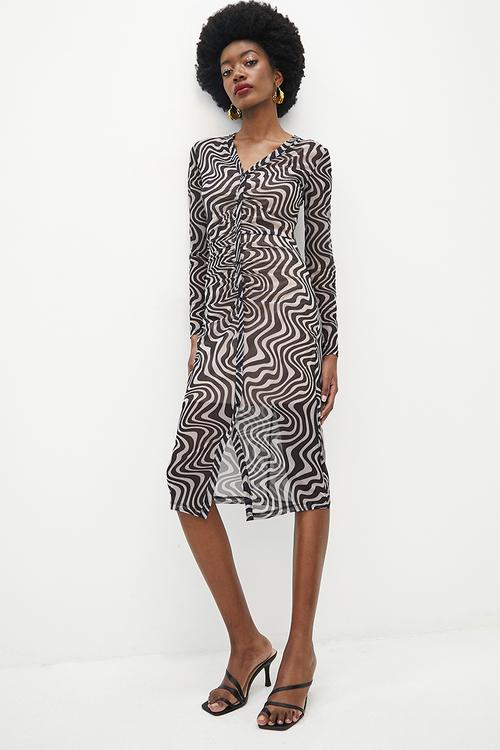 Printed  mesh ruched shirt dress - stone psycadelic