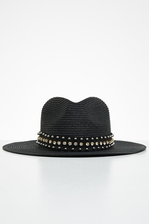 Studded trim straw hat - black