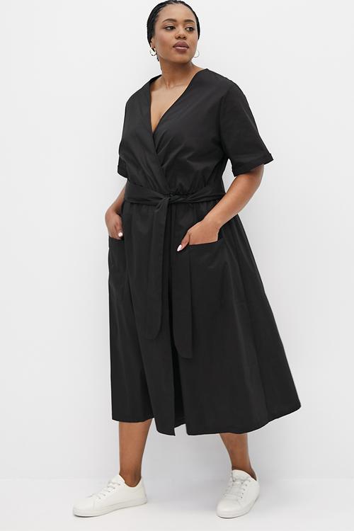 Short sleeve cotton wrap dress - black