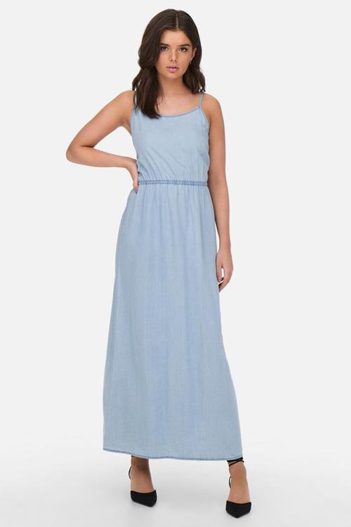 Pema win life sleeveless long denim dress - light blue denim
