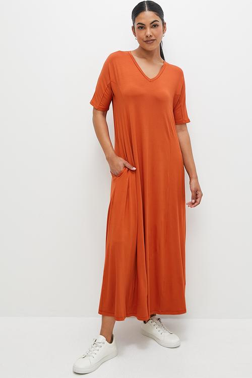 Panel detail swing tee dress - burnt orange