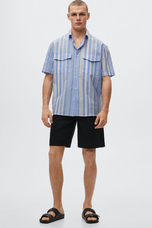 Striped cotton linen shirt- blue