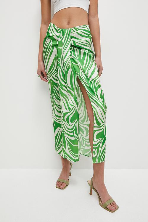 Printed satin wrap over skirt - animal mono green