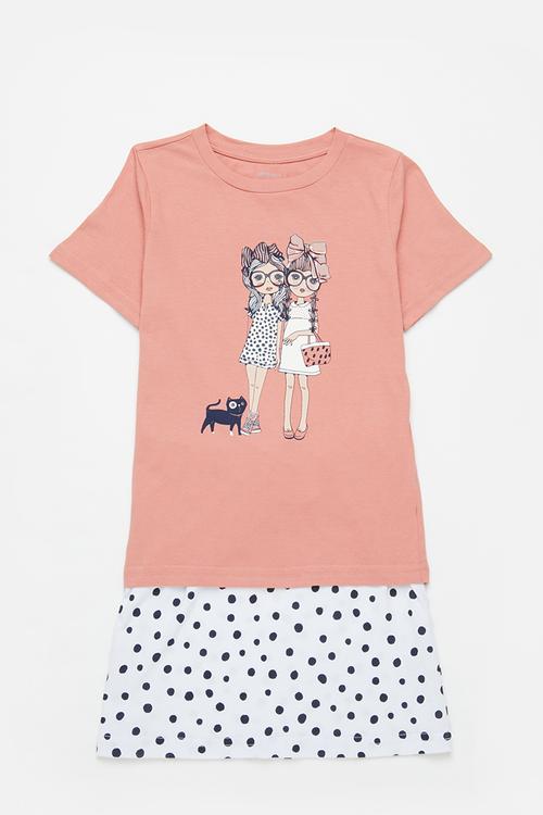 Printed tee & skirt set - white & pink