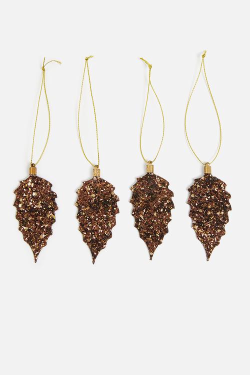Leaf glitter hanging decoration set of 4 - copper