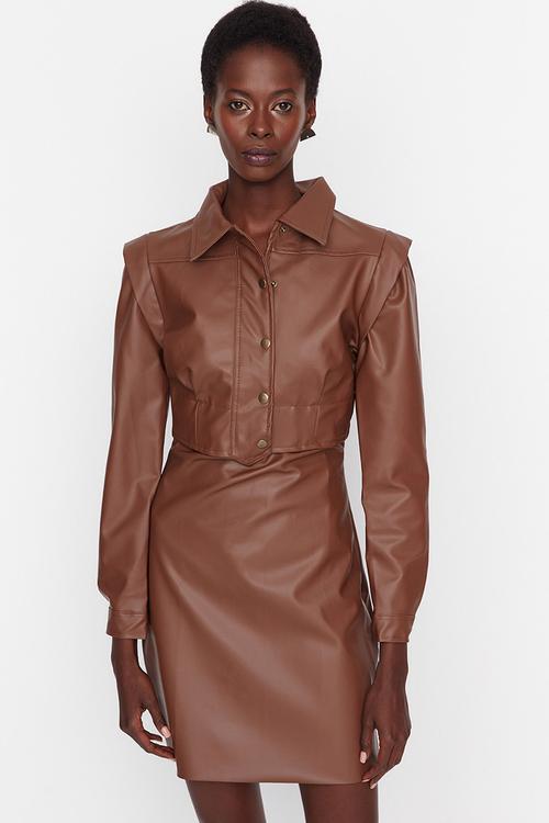 Faux leather fitted mini dress - brown