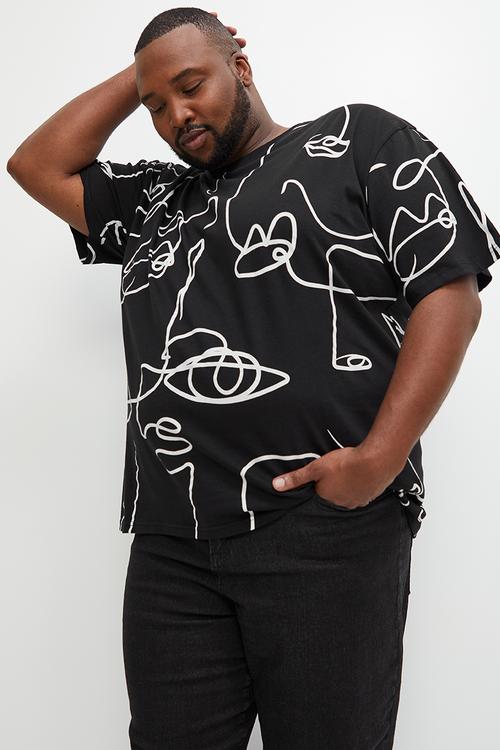 Aop plus abstract regular crew neck - black
