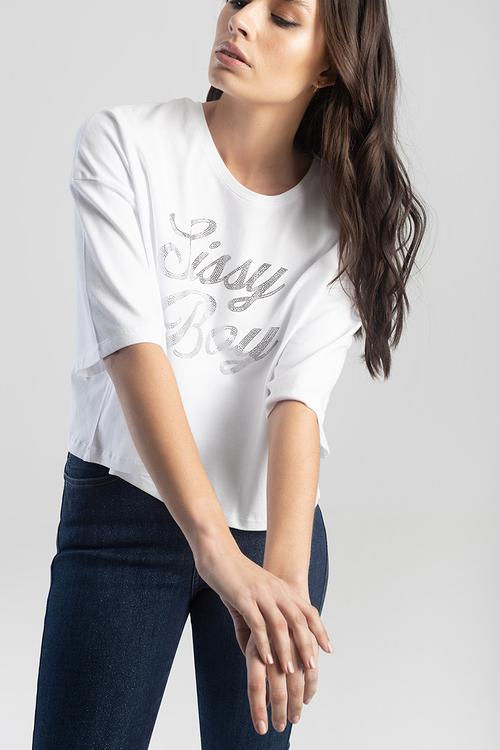 Double glam: boxy oversized bling logo top - white