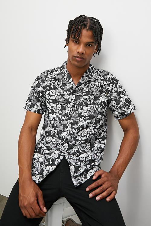 Regular fit floral printed short sleeve resort shirt - black & white 