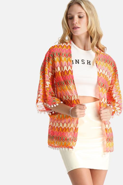 Bright Knitted Kimono with Pom Poms