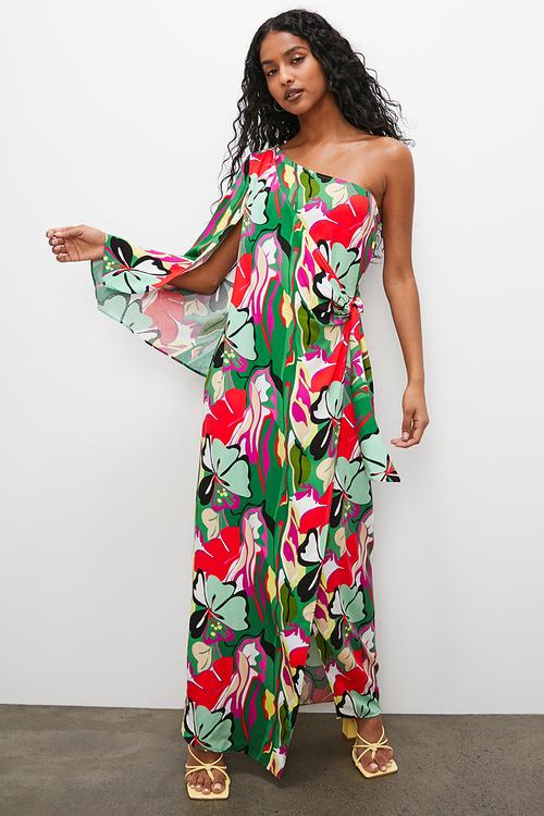 One shoulder maxi dress - green tropical