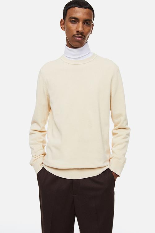 Slim fit fine-knit cotton jumper - light beige
