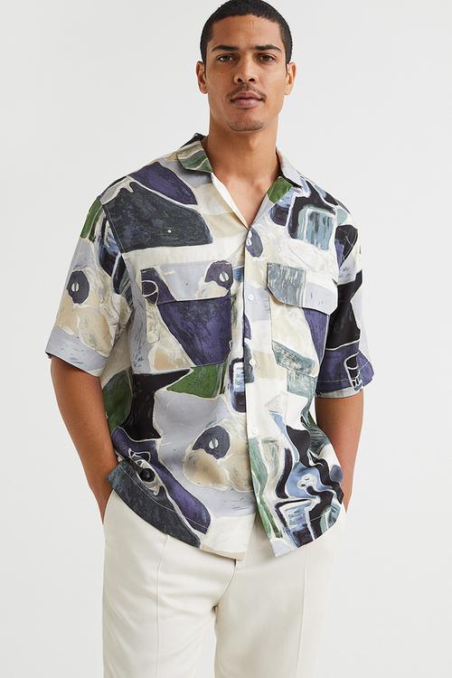 Relaxed fit lyocell resort shirt - dark blue/patterned