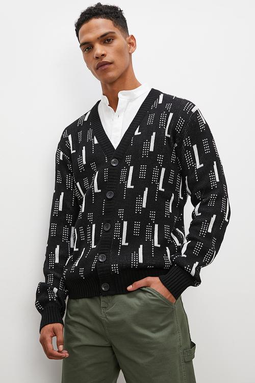 Slim fit pattern knit cardigan - black/cream