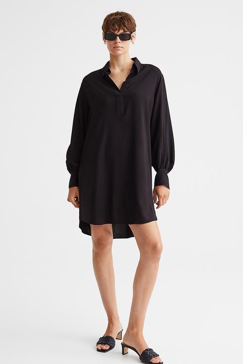 Balloon-sleeved shirt dress - black