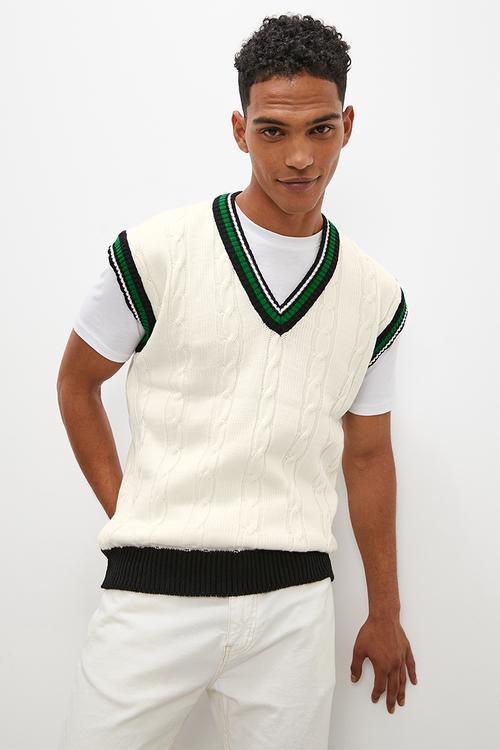 Regular fit collegiate knit vest - ecru / green / black