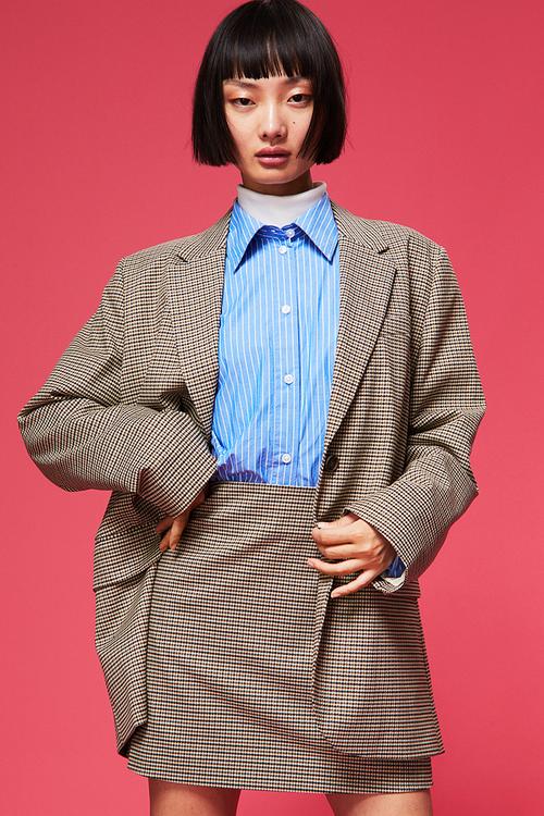 Oversized single-breasted blazer - beige/dogtooth patterned