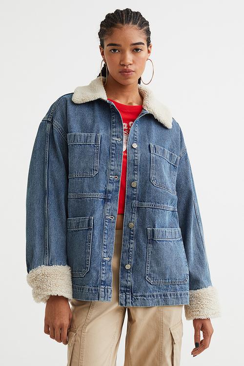 Borg-collared denim jacket - denim blue
