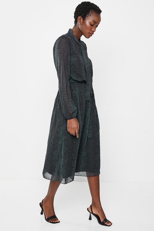 Belted maxi patterned dress - emerald green