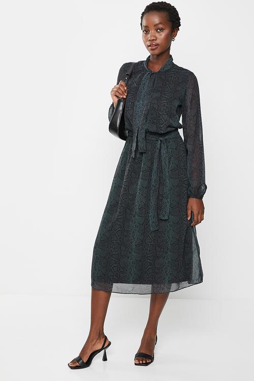 Belted maxi patterned dress - emerald green
