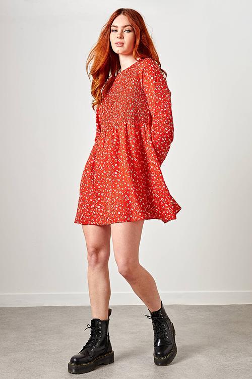 Shirred smock alexis mini dress - red ditsy