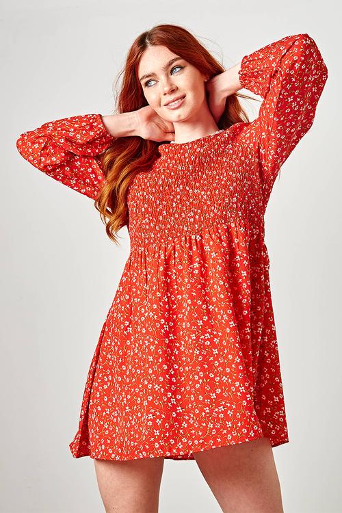 Shirred smock alexis mini dress - red ditsy