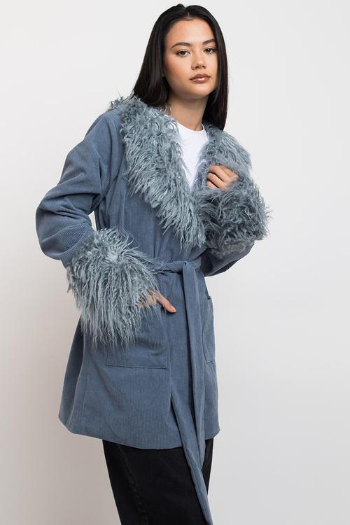 Cord and fur trim coat - blue