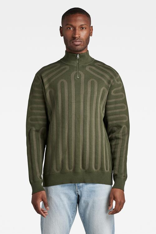 3D line loose half zip knit - dk bronze green/combat