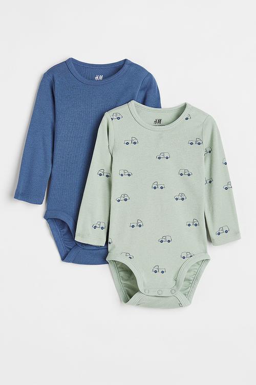 2-pack cotton bodysuits - light green/cars