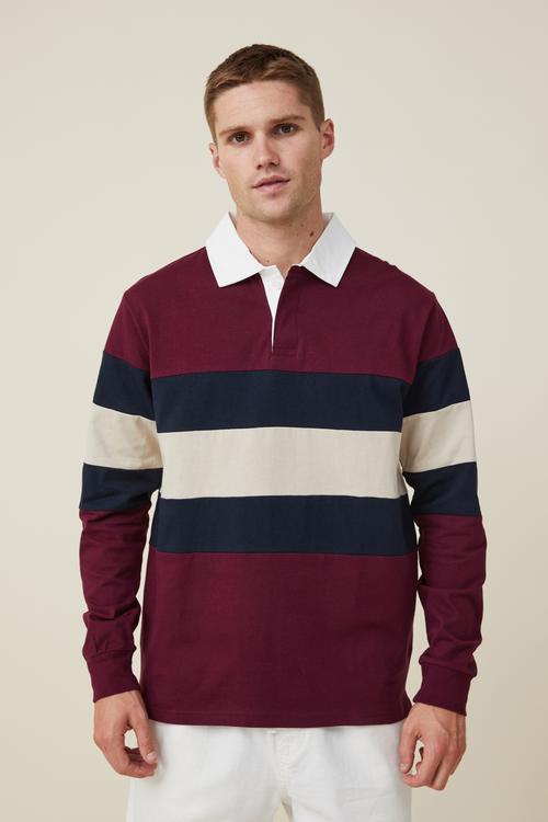 Rugby long sleeve polo - burgundy tri stripe