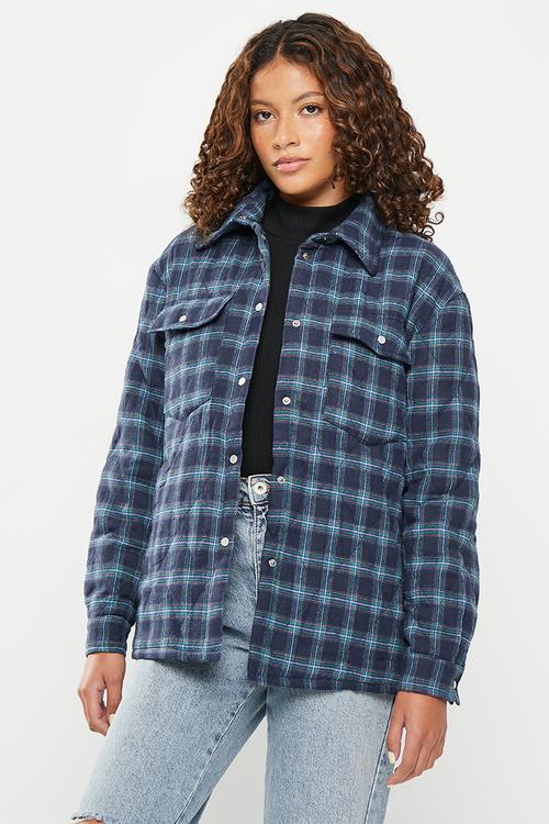 Check padded quilted shacket - dark navy
