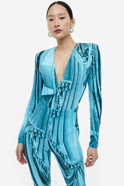 H&M Studio: Printed corset-waist leggings - turquoise/patterned