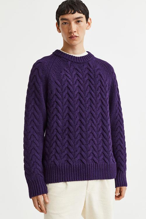 Regular fit wool-blend cable-knit jumper - dark purple