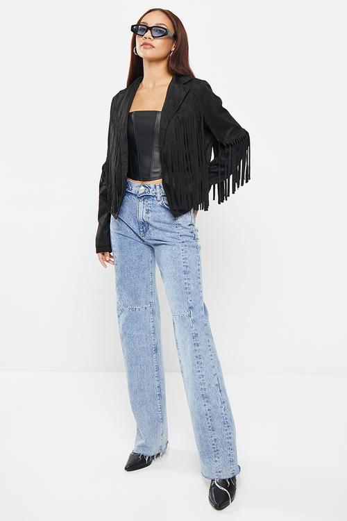 Fringe detail biker jacket - black