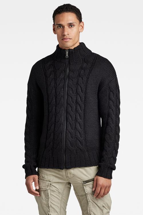 Heavy cable loose zip thru knit - dk black