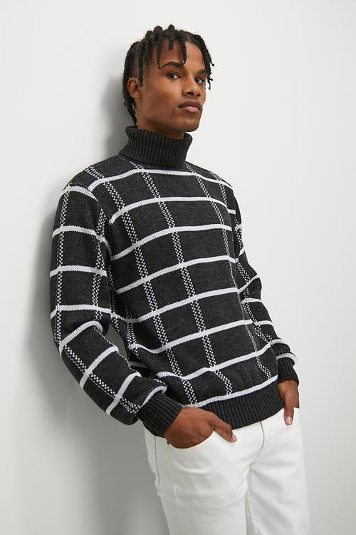 Regular fit check pattern roll neck - charcoal & white