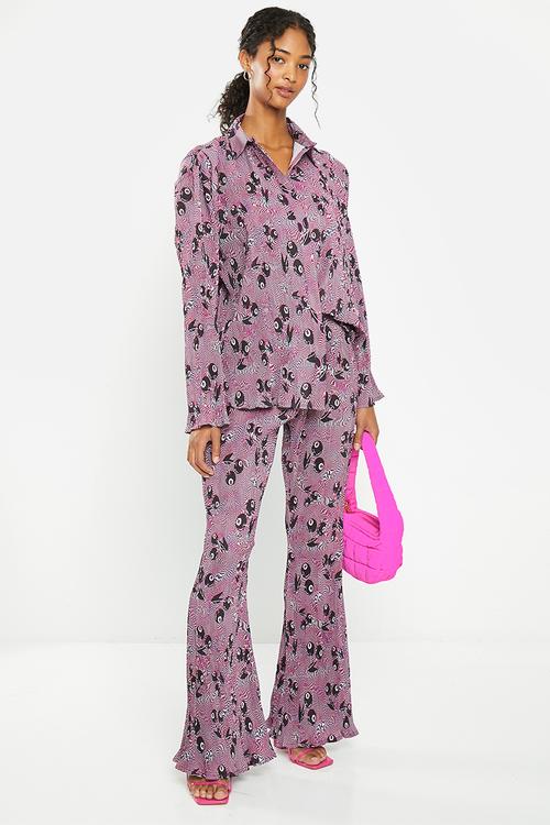 Printed plisse trousers - cherry print
