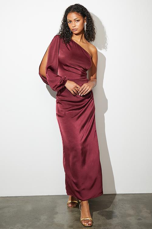 One shoulder balloon sleeve maxi with slit - chocolate truffle