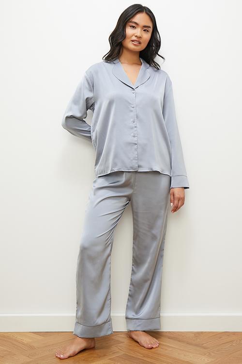 Long sleeve sleep shirt & pant set - dusty blue