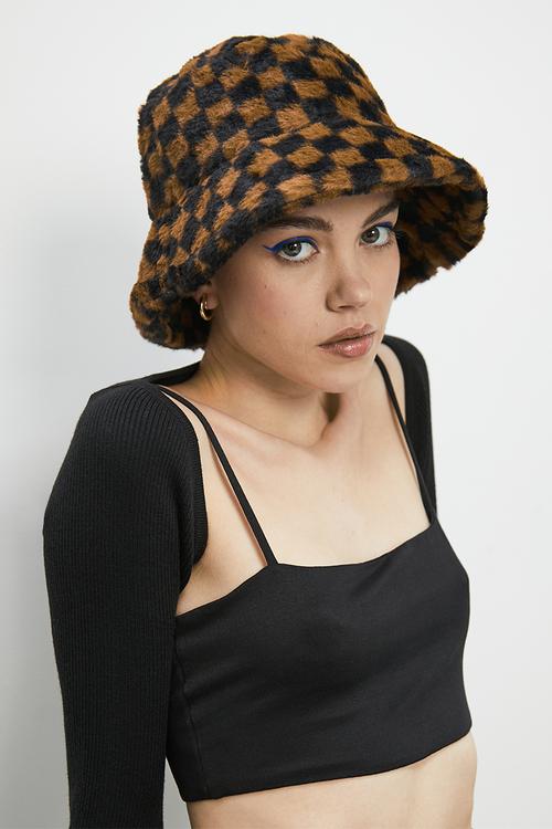 Check print bucket hat - brown/black