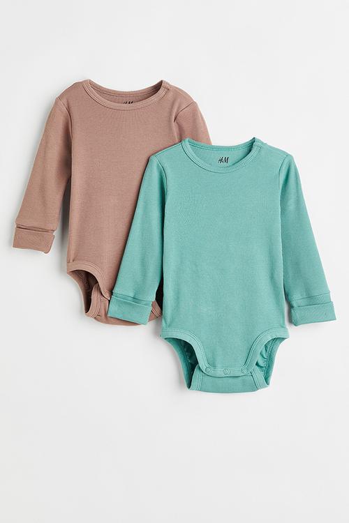 2-pack adjustable-fit long-sleeved bodysuits - green/dark beige